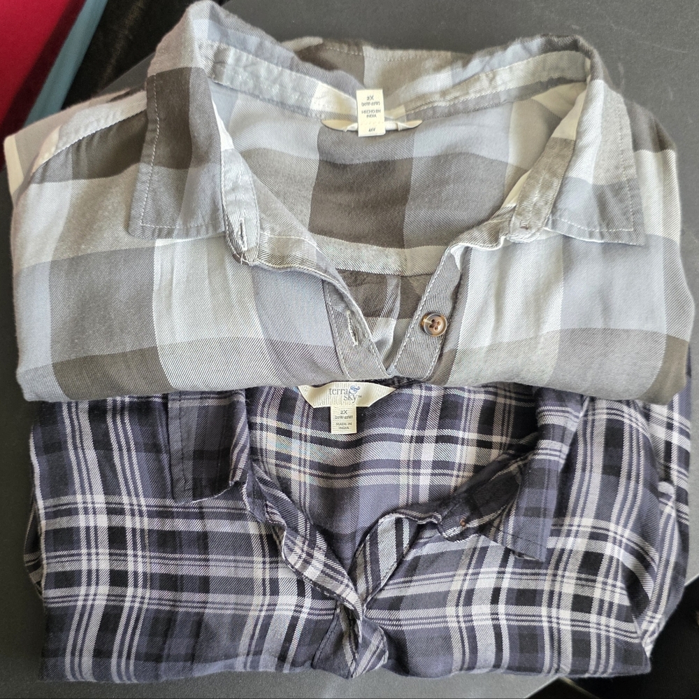 2 Terra & Sky Gray and White Plaid Button-Front Blouse 2X